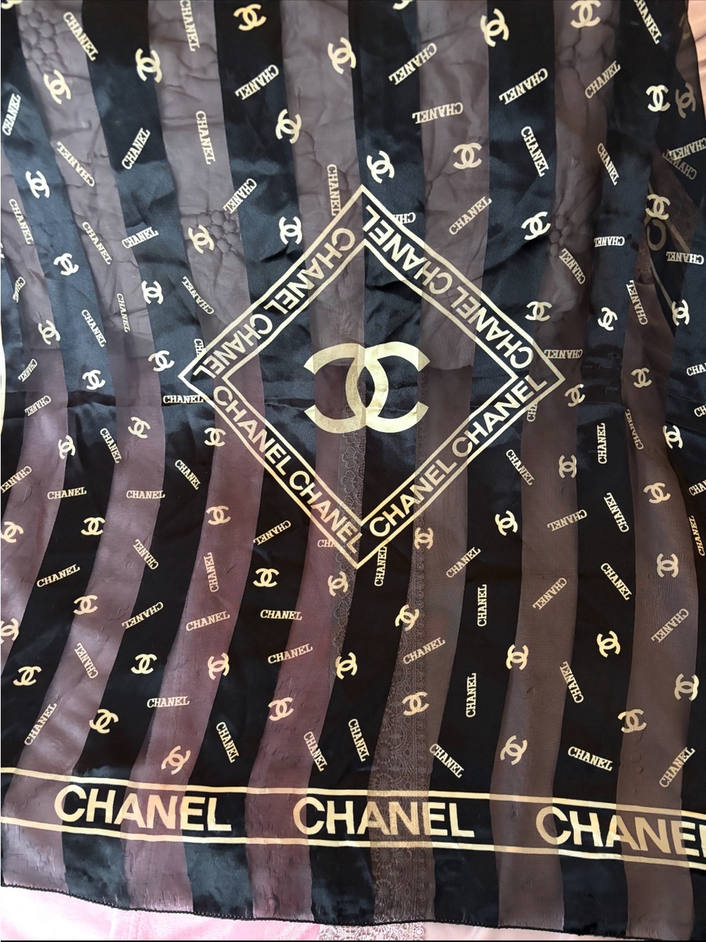 CHANEL Black and Taupe Logo Stripe scarf